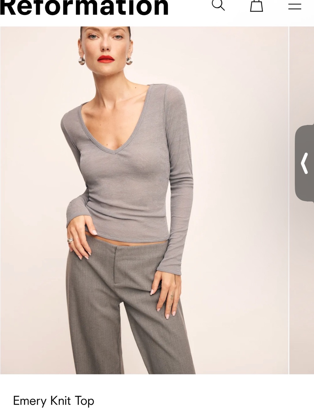 Reformation V-Neck Long Sleeve Top - Gray